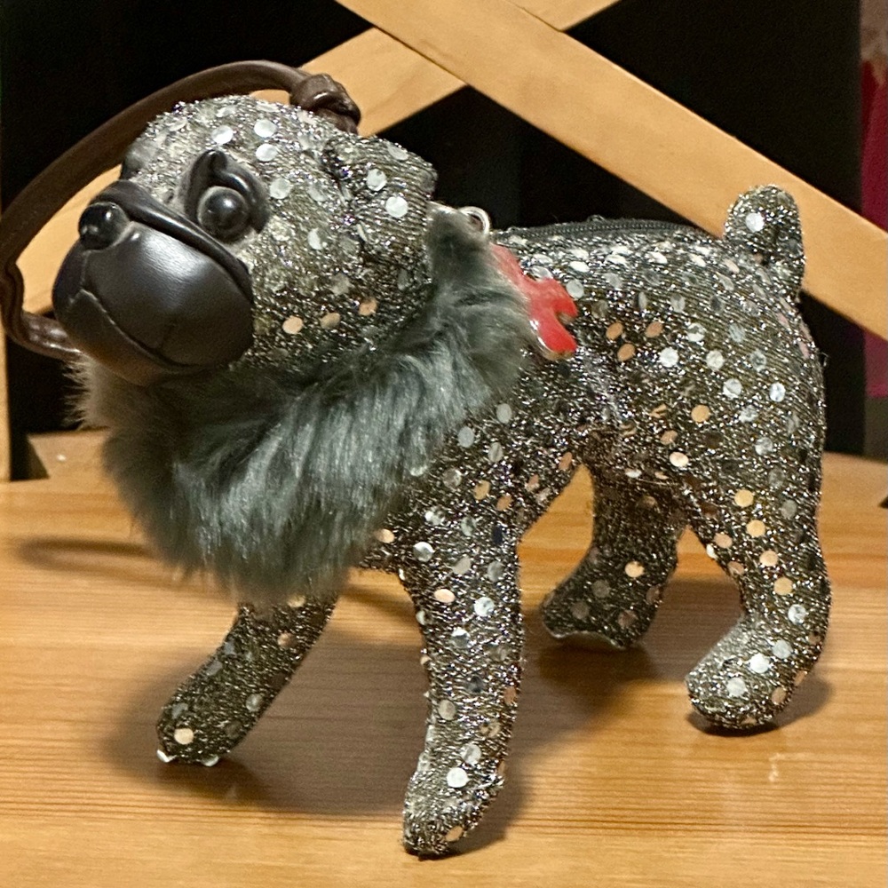 FUZZY NATION Silver Sparkly Sequins Pug Dog Wristlet Coin Purse Bag W/Charm NWT